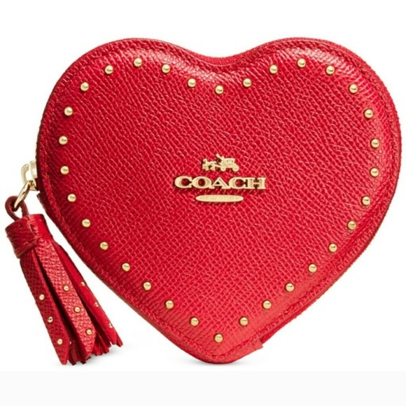 Coach Handbags - Coach Edge Studded Heart Coin Case Zip Close Crossgrain Leather Red Goldtone NWT